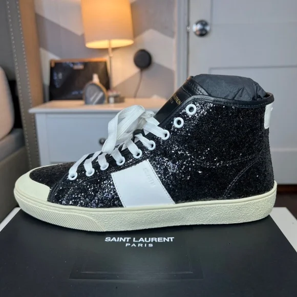 Saint Laurent Black Glittered SL/37 Court Classic Sneakers Size 8